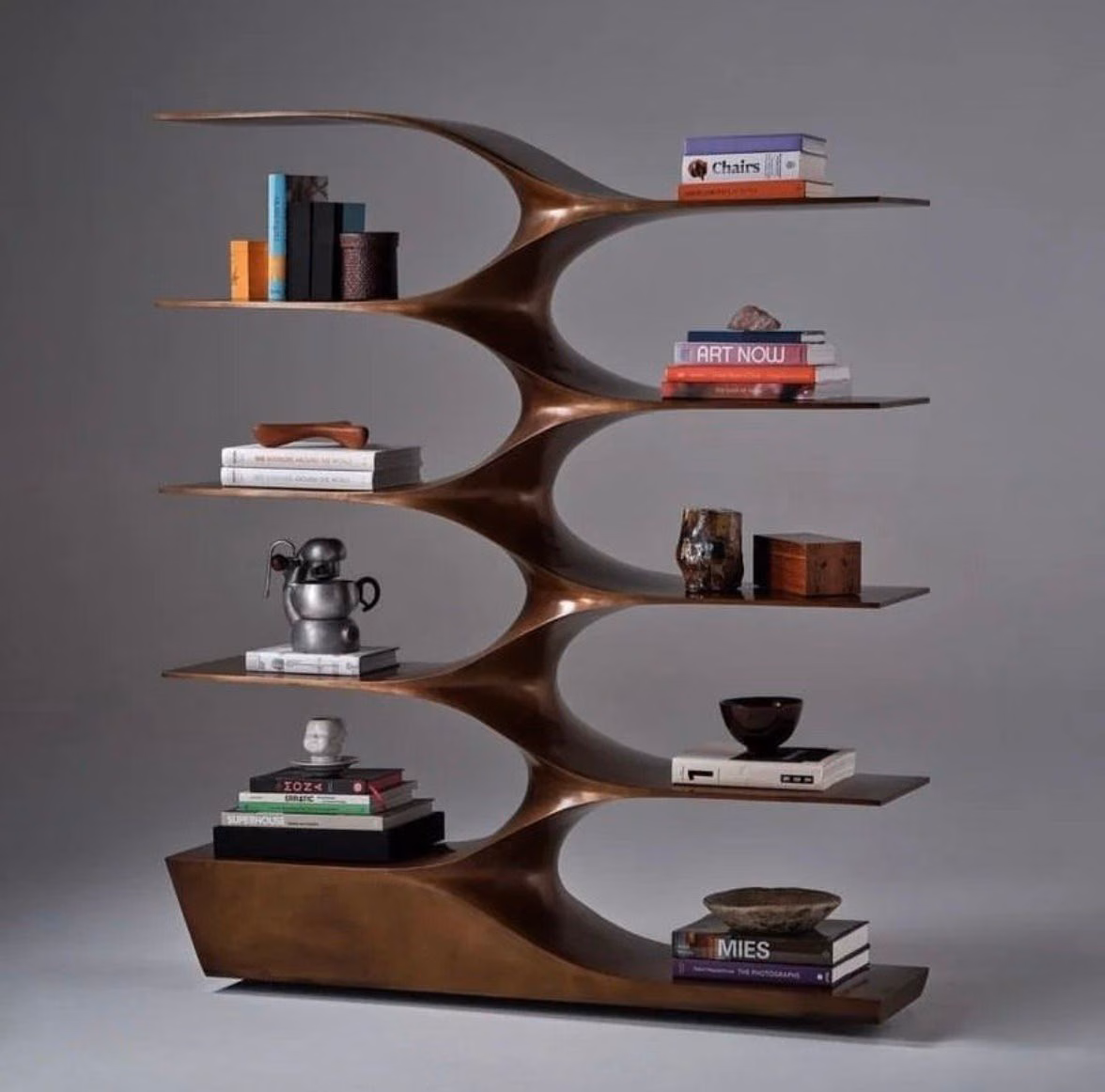 A sculptural brown bookcase branches like a tree and holds books and small objects.